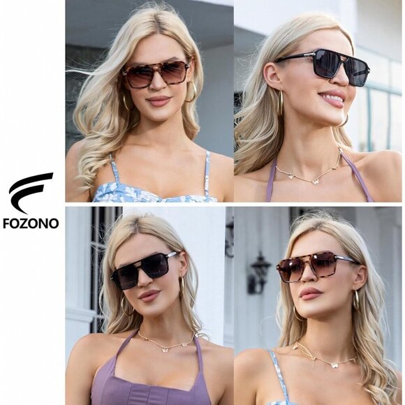 ?Women Black Retro Trendy Classic Square Vintage Shade Double Bridge Sunglasses